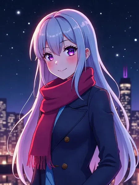 Character.AI: imagen ilustrativa generada por IA, personaje femenino de estilo anime con pelo largo plateado y ojos violetas, con abrigo largo, frente a una ciudad estrellada