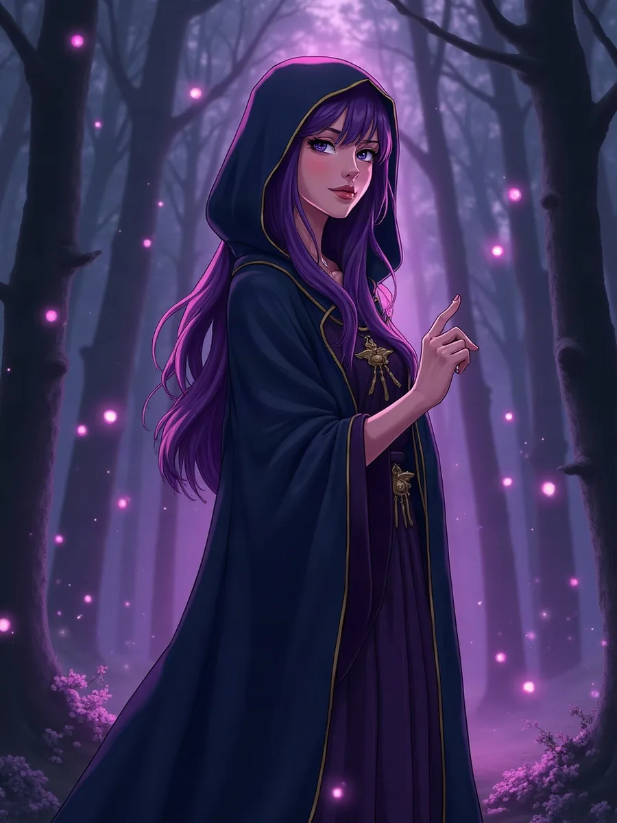 FantasyGF: imagen ilustrativa generada por IA, maga de estilo anime con pelo largo violeta y vestido oscuro con capucha, en un bosque con esferas luminosas
