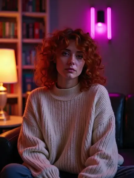 GirlfriendGPT: imagen ilustrativa generada por IA, mujer pelirroja de pelo rizado con jersey grueso color crema, en una biblioteca de luces cálidas