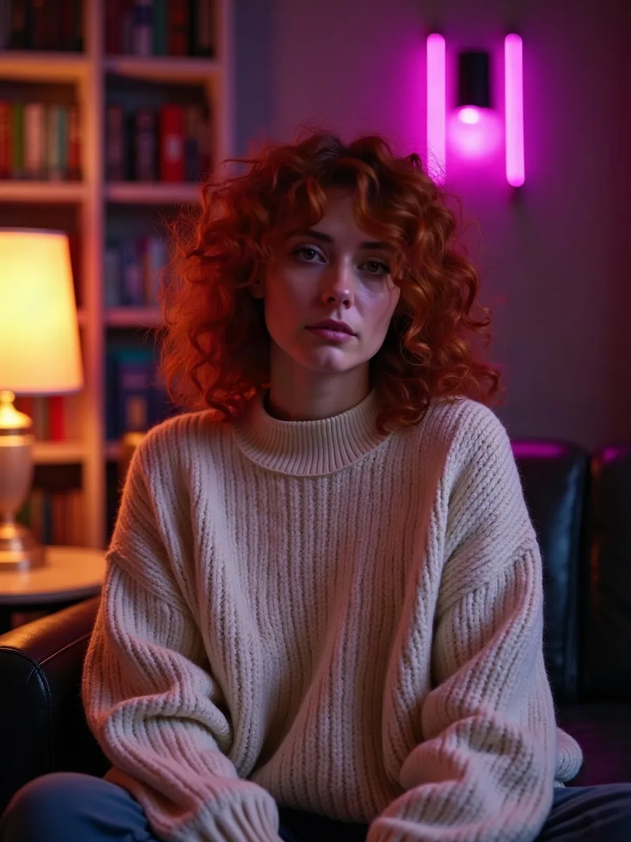 GirlfriendGPT: imagen ilustrativa generada por IA, mujer pelirroja de pelo rizado con jersey grueso color crema, en una biblioteca de luces cálidas