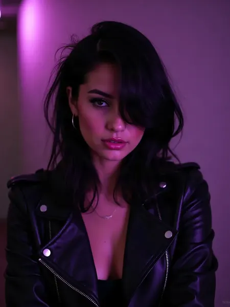 JOI AI: imagen ilustrativa generada por IA, mujer de pelo negro asimétrico con chaqueta de cuero, en un estudio industrial