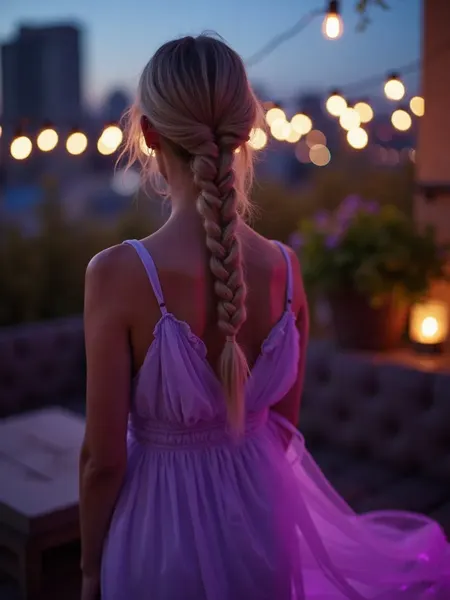 Lovescape: imagen ilustrativa generada por IA, mujer con trenza rubio miel y vestido lavanda, en una azotea ajardinada decorada con guirnaldas de luces