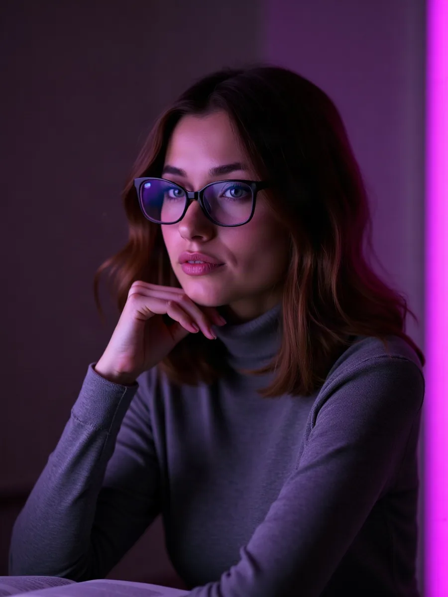 Nomi AI: imagen ilustrativa generada por IA, mujer de pelo castaño a media melena y gafas con jersey de cuello alto gris, en un rincón de lectura