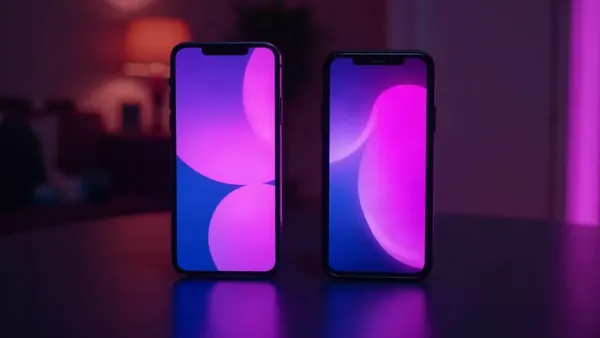 Dos smartphones uno al lado del otro en una mesa oscura, pantallas violetas (ilustración del artículo)
