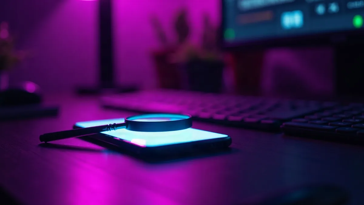 Lupa sobre un smartphone iluminado, en un escritorio oscuro con luz violeta (ilustración del artículo)