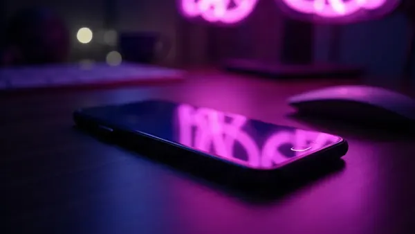 Smartphone en un escritorio oscuro, reflejos violetas luminosos en la pantalla (ilustración del artículo)
