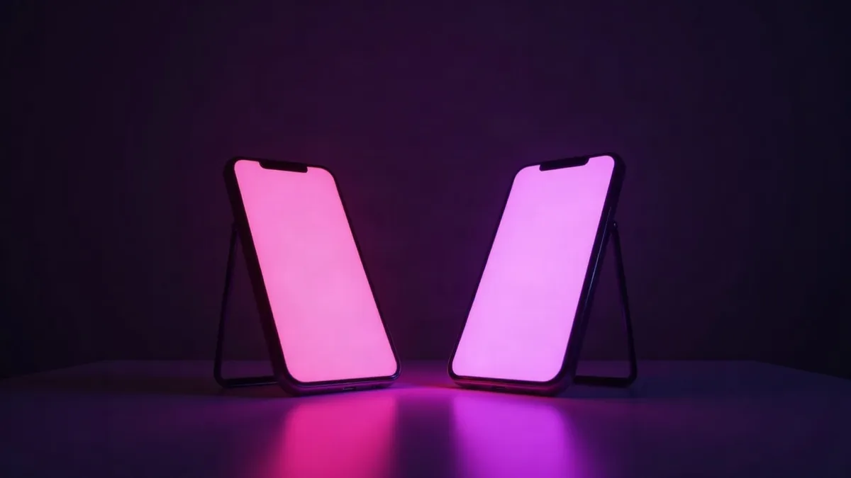 Dos smartphones frente a frente en una mesa oscura, uno rosa y otro violeta (ilustración del artículo)