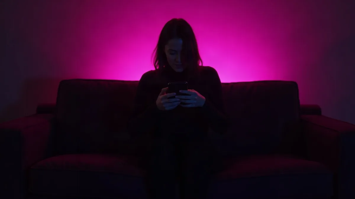 Silueta de espaldas en un sofá sosteniendo un teléfono, en una habitación oscura con resplandor magenta (ilustración del artículo)