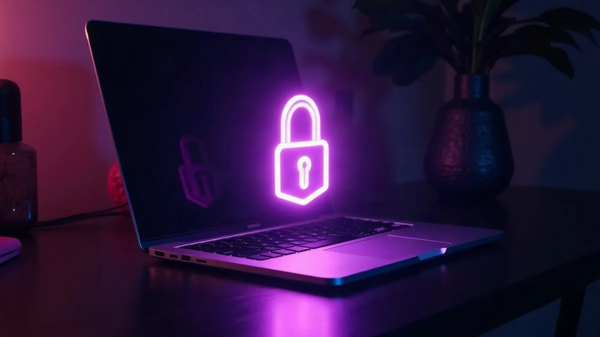 Portátil con un candado violeta luminoso sobre el teclado (ilustración del artículo)