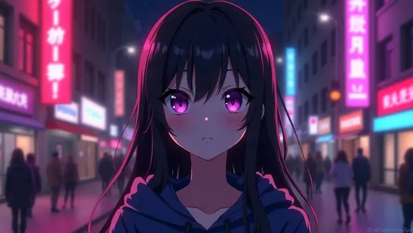 Personaje femenino anime de pelo negro con sudadera con capucha, en una calle de neones de noche (ilustración del artículo)