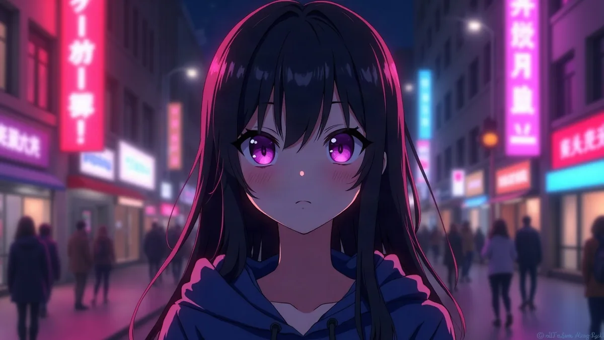 Personaje femenino anime de pelo negro con sudadera con capucha, en una calle de neones de noche (ilustración del artículo)