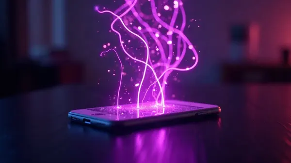 Líneas luminosas de una red neuronal flotando sobre un smartphone (ilustración del artículo)