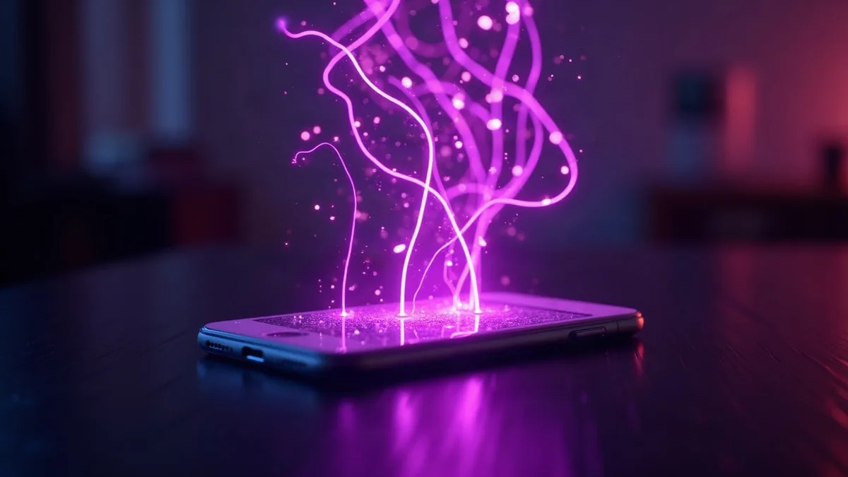 Líneas luminosas de una red neuronal flotando sobre un smartphone (ilustración del artículo)