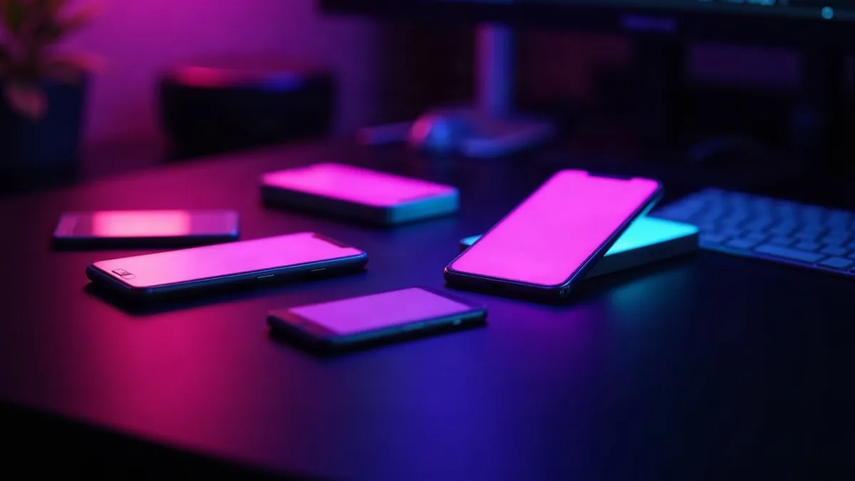 Smartphones iluminados dispuestos en abanico sobre un escritorio oscuro, uno de ellos destacado (ilustración del artículo)
