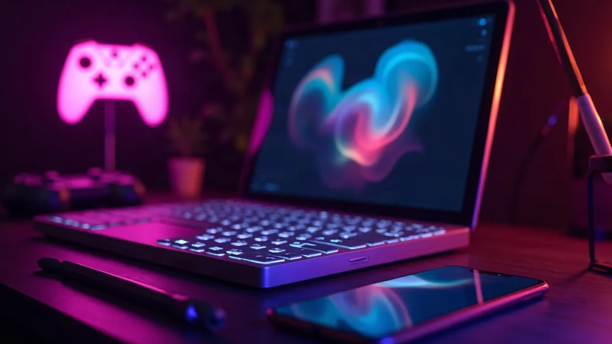 Escritorio creativo oscuro con portátil, smartphone y un mando rosa iluminado (ilustración del artículo)