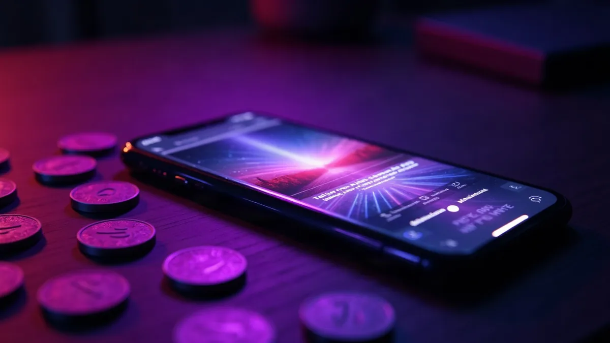Fichas violetas luminosas esparcidas alrededor de un smartphone en un escritorio oscuro (ilustración del artículo)
