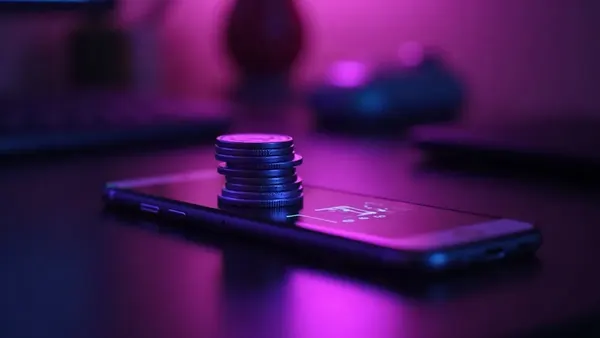 Montón de fichas violetas luminosas junto a un smartphone en un escritorio oscuro (ilustración del artículo)