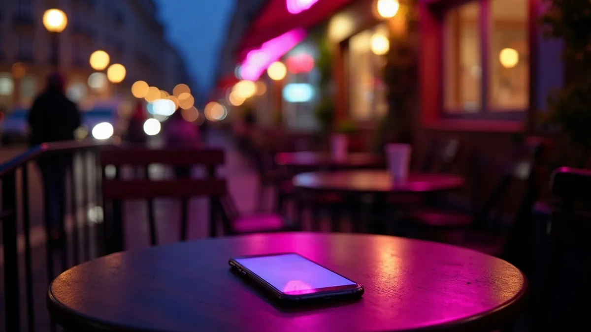 Mesa de cafetería de noche con un smartphone iluminado, luces de la calle desenfocadas (ilustración del artículo)