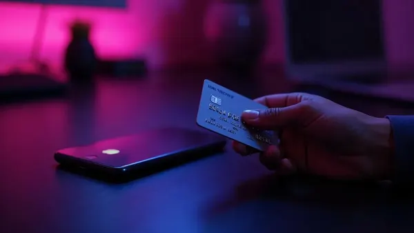 Mano que sostiene una tarjeta bancaria junto a un teléfono, luz violeta (ilustración del artículo)